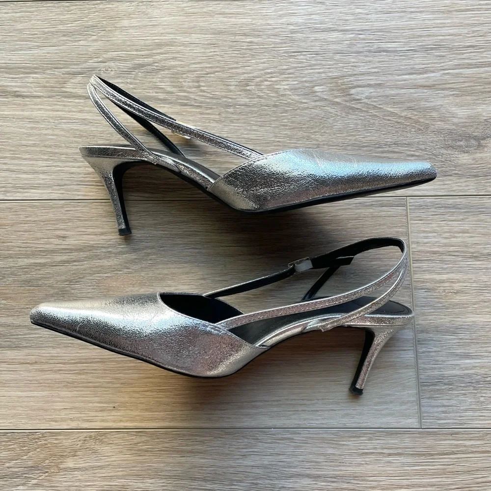 H&M Pointed Slingback Silver Kitten Heels - Picture 5 of 11